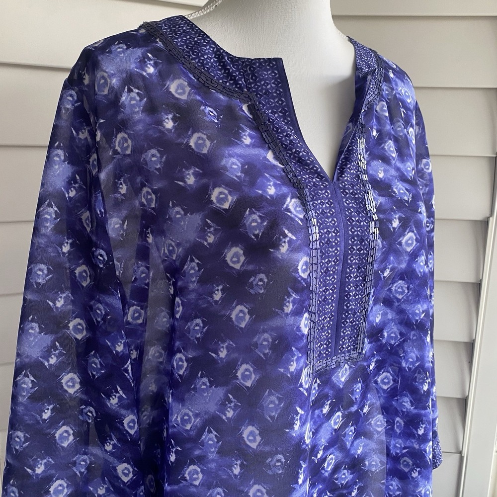 Chicos L Sheer Blue Artsy Sequin V-neck 3/4 Sleeve Tunic Blouse Boho Festival - Picture 3 of 13